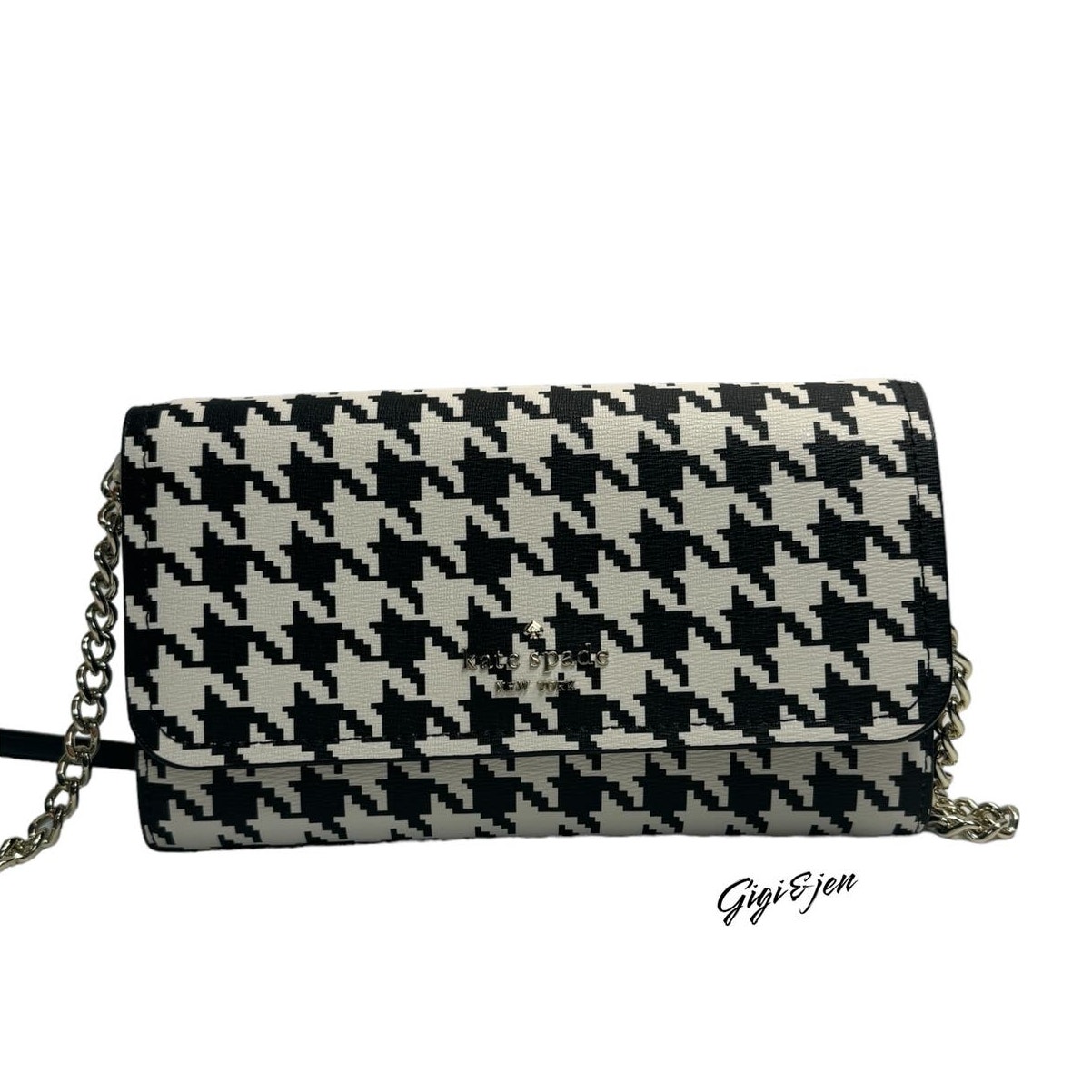 Kate Spade Darcy Chain Wallet Crossbody Clutch Black/White Houndstooth